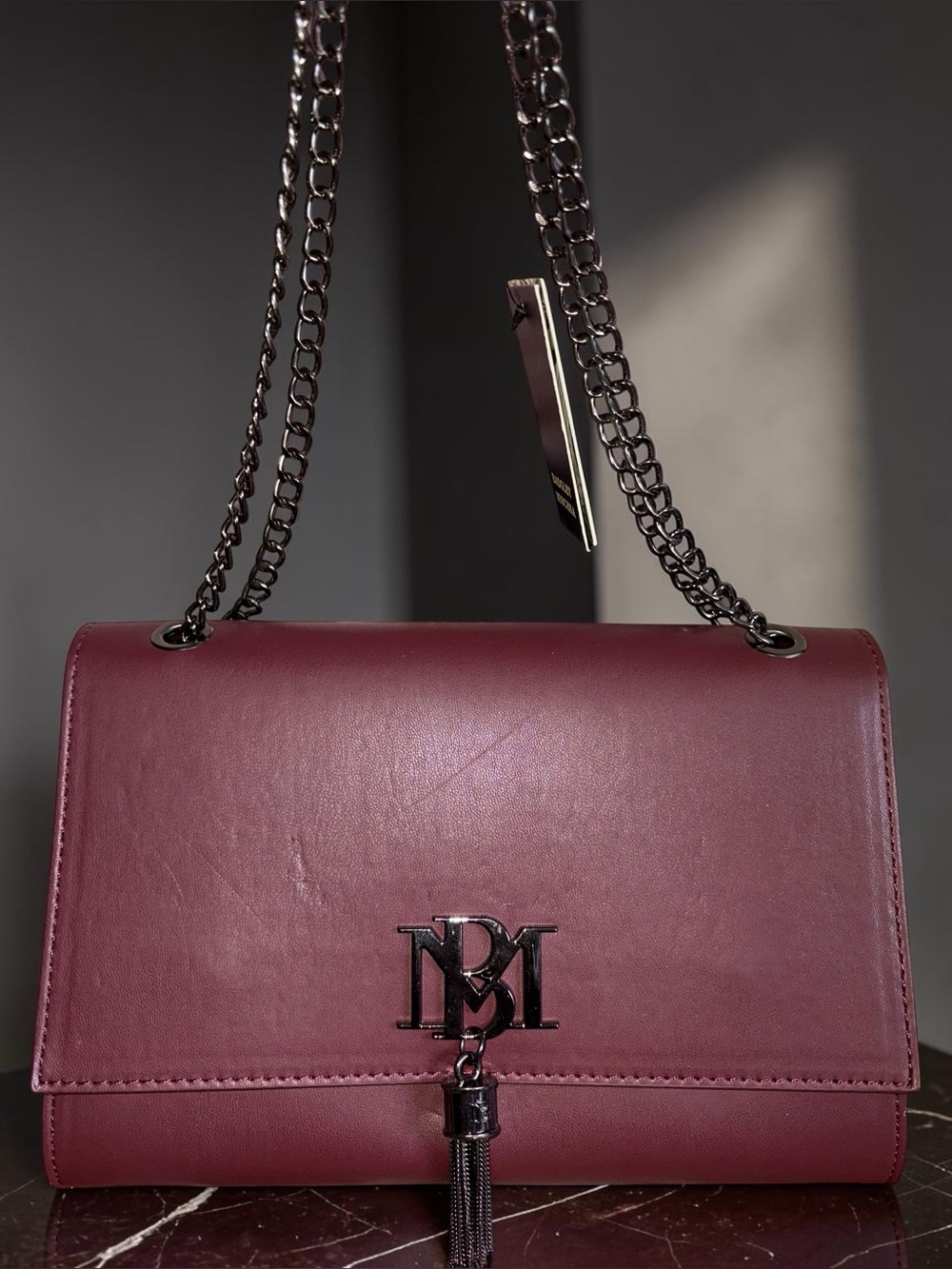 Badgley Mischka Burgundy Vegan Leather Chain Shoulder Bag